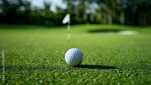 Golf ball on green grass with hole and flag in the background