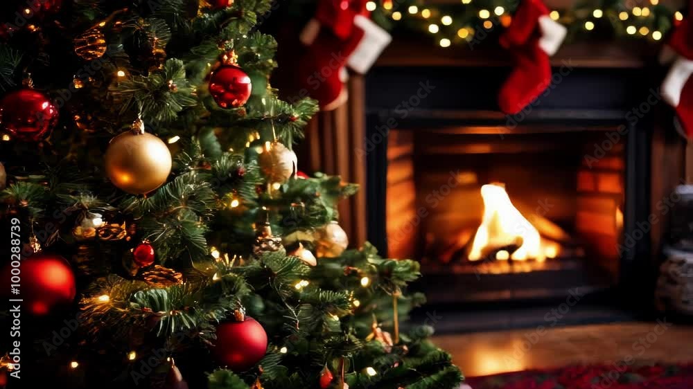 A cozy living room decorated for Christmas, featuring a beautifully adorned tree and a warm fireplace. The festive atmosphere exudes comfort and joy, perfect for holiday gatherings and family A cozy living room decorated for Christmas, featuring a beautifully adorned tree and a warm fireplace. The festive atmosphere exudes comfort and joy, perfect for holiday gatherings and family