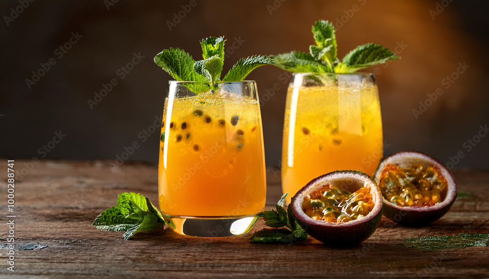 Two tall glasses filled with a bright yellow cocktail garnished with passion fruit slices, mint leaves and orange slices Two tall glasses filled with a bright yellow cocktail garnished with passion fruit slices, mint leaves and orange slices