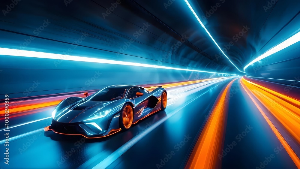 Futuristic sports car speeding in neon tunnel, blue and orange, technology ad banner Futuristic sports car speeding in neon tunnel, blue and orange, technology ad banner