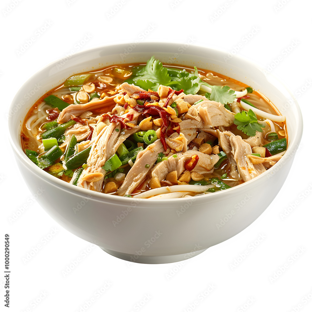 Spicy chicken noodle soup in a bowl topped with herbs and peanuts, displaying bright colors and delicious textures Spicy chicken noodle soup in a bowl topped with herbs and peanuts, displaying bright colors and delicious textures