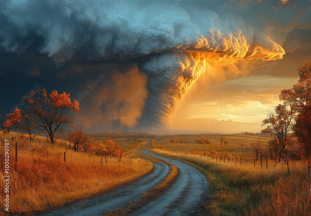 A tornado forms over a winding dirt road surrounded by vibrant autumn foliage in rural landscape at sunset A tornado forms over a winding dirt road surrounded by vibrant autumn foliage in rural landscape at sunset
