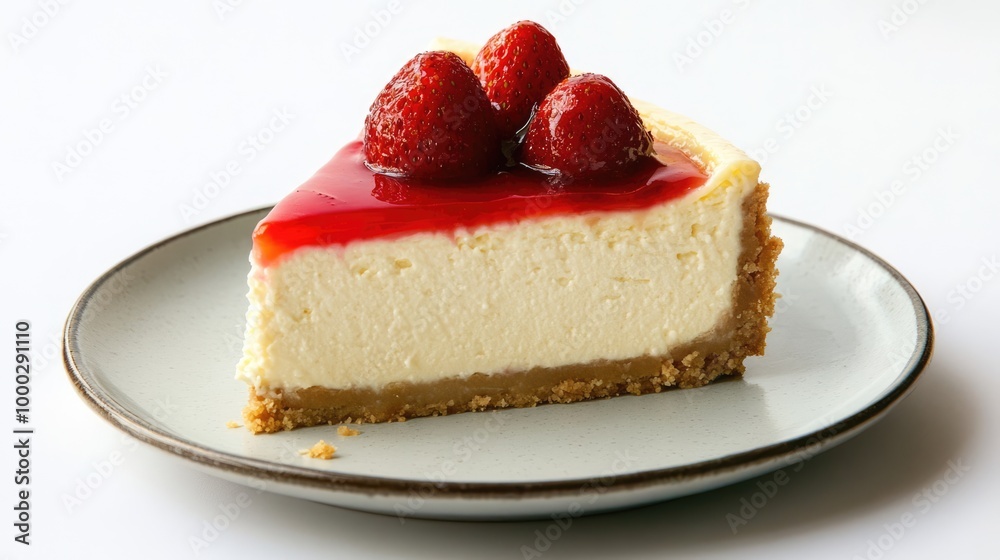 A piece of traditional classic cheesecake with strawberries on white background. Sweet fruit dessert A piece of traditional classic cheesecake with strawberries on white background. Sweet fruit dessert