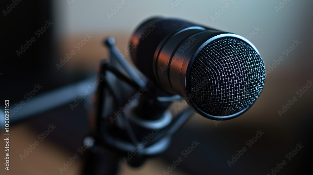 Professional Microphone With Background Banner, Ideal For Podcast Or Recording Studio Environment. Professional Microphone With Background Banner, Ideal For Podcast Or Recording Studio Environment.