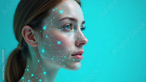 Digital facial analysis, a young womans face overlaid with a wireframe grid, symbolizes advanced technology in beauty and identity assessments against a bright turquoise background photo