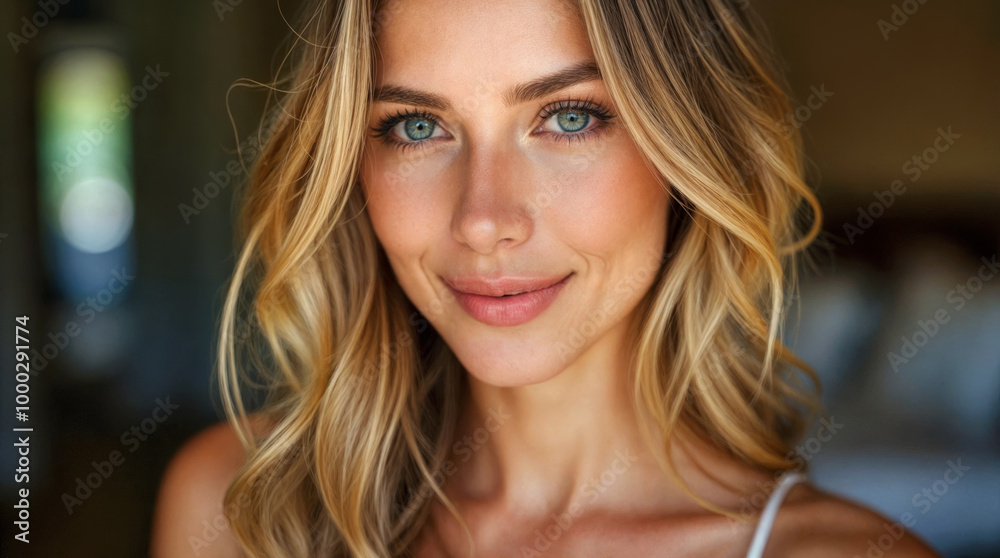 Radiant young woman with striking blue eyes, blonde wavy hair, and natural makeup smiles warmly, exuding confidence and beauty in soft indoor lighting Radiant young woman with striking blue eyes, blonde wavy hair, and natural makeup smiles warmly, exuding confidence and beauty in soft indoor lighting