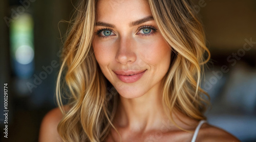 Radiant young woman with striking blue eyes, blonde wavy hair, and natural makeup smiles warmly, exuding confidence and beauty in soft indoor lighting