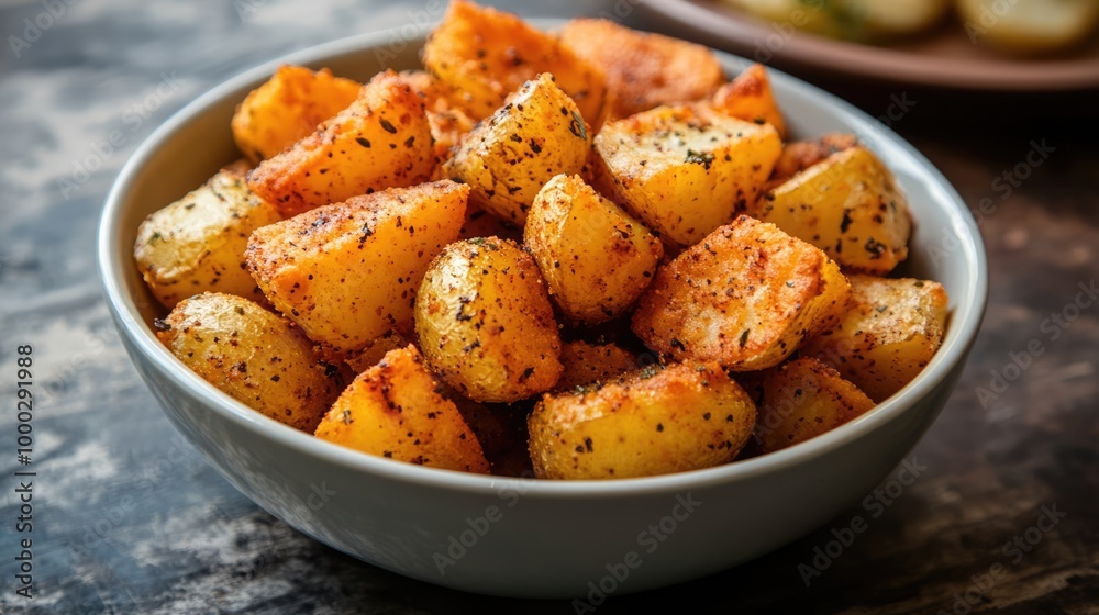 Fried seasoned potatoes in a bowl on the table in the kitchen. Traditional country style cuisine Fried seasoned potatoes in a bowl on the table in the kitchen. Traditional country style cuisine