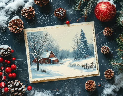 Festive Winter Greeting Card with Snow-Covered Trees. Winter Wonderland Postcard with Pine Trees and Snowfall. Snowy Cabin Scene on a Festive Greeting Card. photo