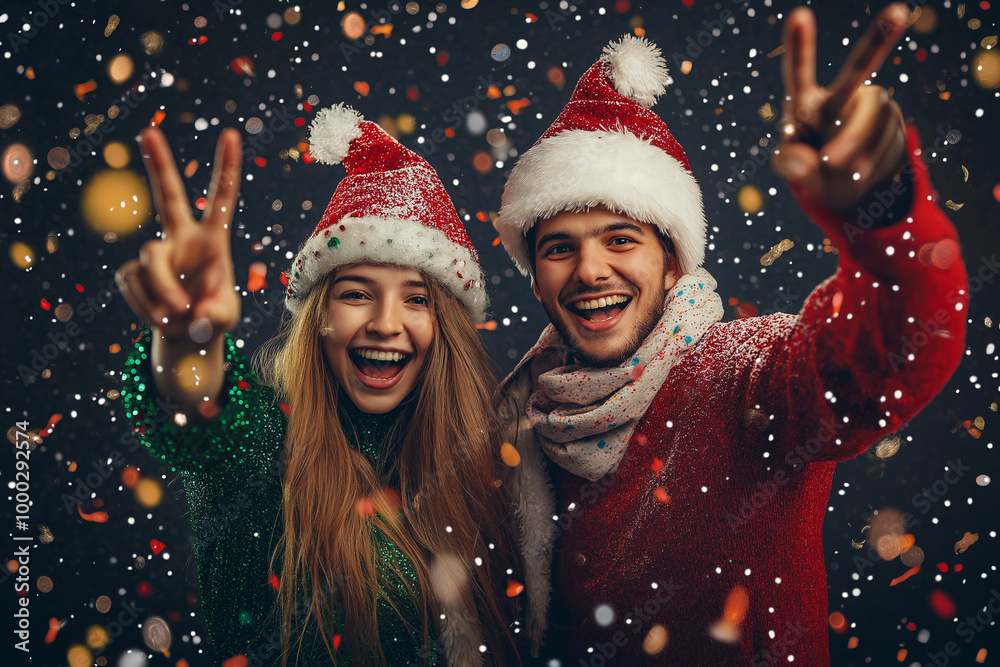 Couple holding up two fingers in casual clothes throwing colorful confetti joyfully, happy, satisfied, excited, joyful, surprised, surprised on Christmas night. Studio shot on pastel background. Couple holding up two fingers in casual clothes throwing colorful confetti joyfully, happy, satisfied, excited, joyful, surprised, surprised on Christmas night. Studio shot on pastel background.