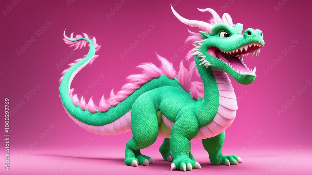 Fototapeta premium A cute, stylized green dragon with pink accents, set against a vibrant pink background.