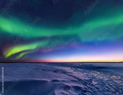 Polarlichter leuchten über einer kalten Landschaft,  photo