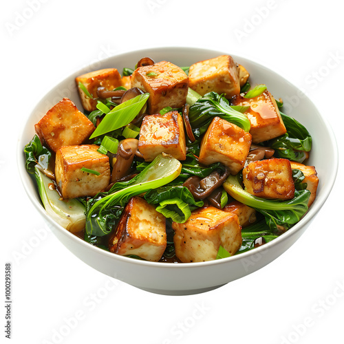 Colorful bowl filled with tofu and crisp veggies, presenting a nutritious and delicious dish against a clear backdrop