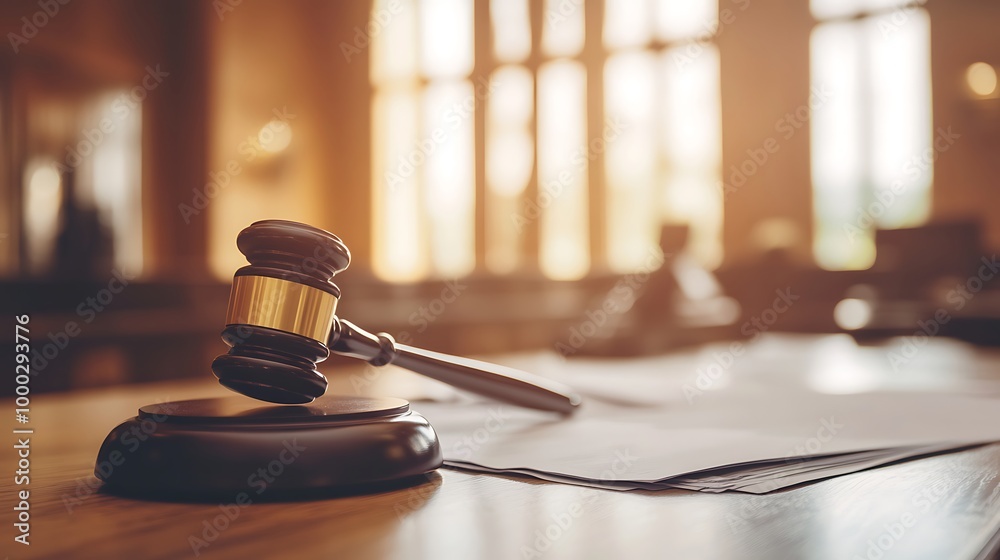 Judge’s gavel and legal documents on a wooden desk in a courtroom with blurred background