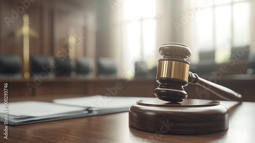 Wallpaper Mural Judgeâ€™s gavel and legal documents on a wooden desk in a courtroom with blurred background Torontodigital.ca