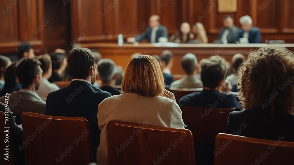 People seated in a courtroom with a lawyer speaking at the front, facing the judge’s bench People seated in a courtroom with a lawyer speaking at the front, facing the judge’s bench