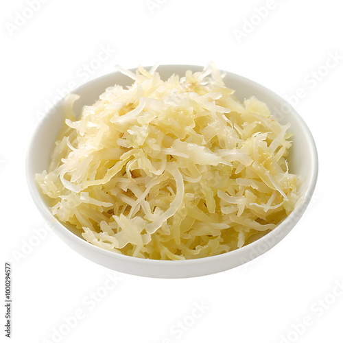 Bowl of fresh sauerkraut in a white bowl on a transparent background, perfect for food-related designs and culinary presentations