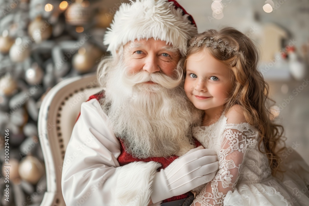 A young girl is sitting on a chair with Santa Claus A young girl is sitting on a chair with Santa Claus
