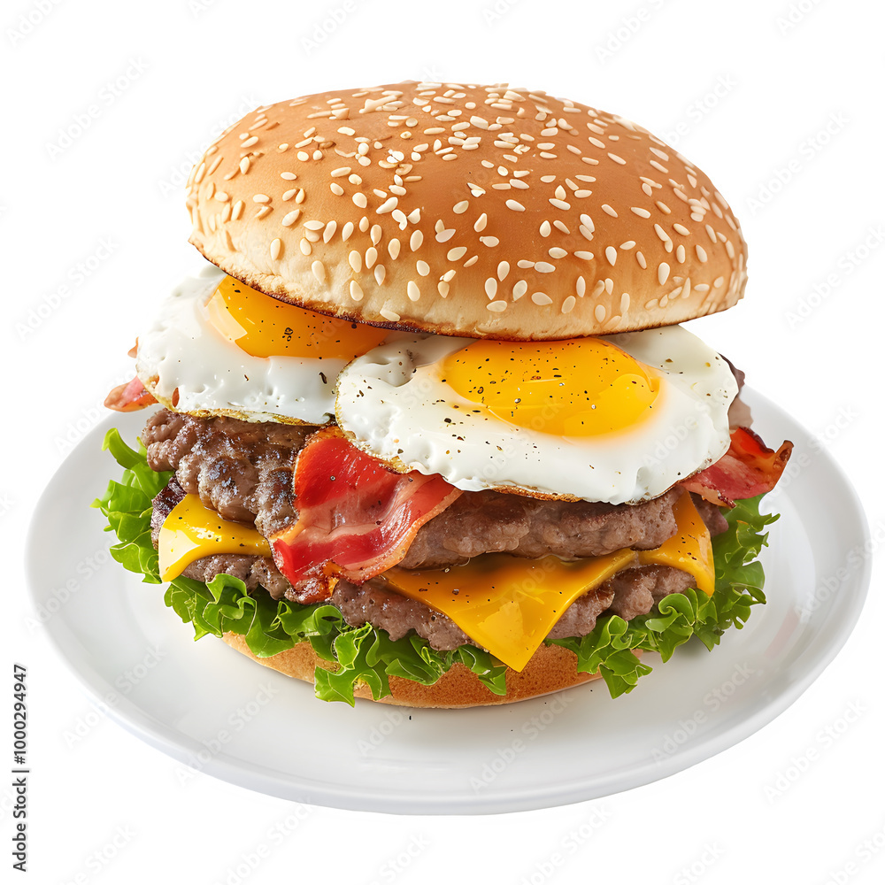 Delicious double cheeseburger with crispy bacon, fried eggs, and crisp lettuce on a sesame seed bun, presented on a white plate Delicious double cheeseburger with crispy bacon, fried eggs, and crisp lettuce on a sesame seed bun, presented on a white plate