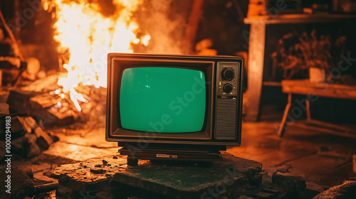 old classic television in front of a fire, burned location after the war, cinematic composition media scene ruined panorama abandoned indoor atmosphere 3d minimal realistic style artistic media frame