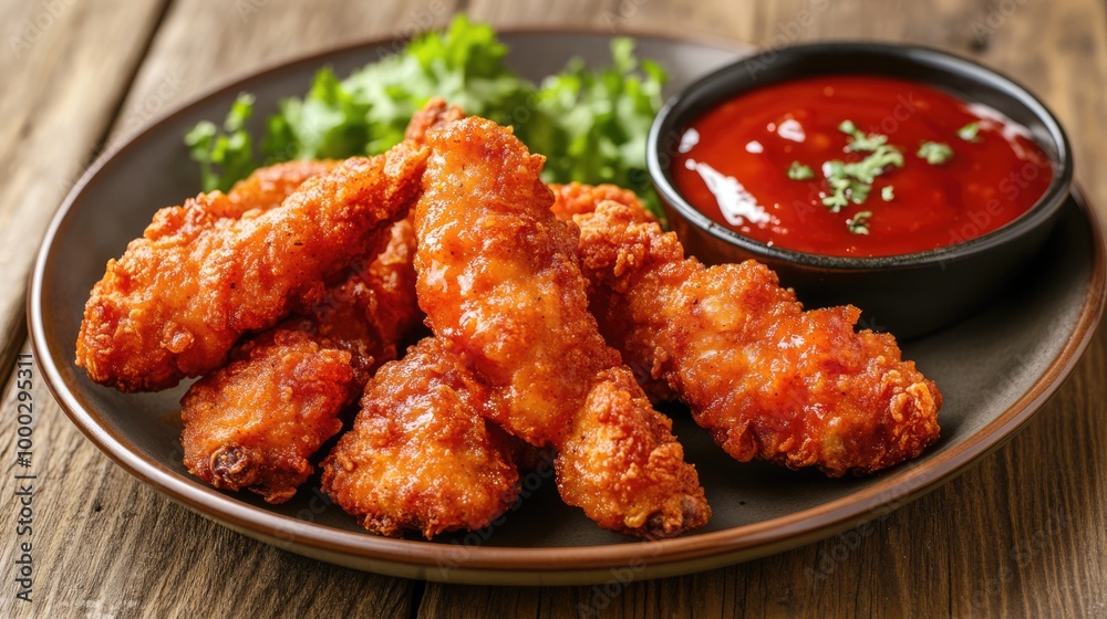 Fried breaded chicken tender strips with tomato ketchup sauce on plate. Crispy meat nuggets on the restaurant table Fried breaded chicken tender strips with tomato ketchup sauce on plate. Crispy meat nuggets on the restaurant table
