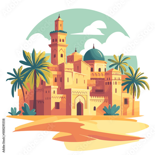 Vector Illustration of a Typical Moroccan Village with Palm Trees and Traditional Architecture