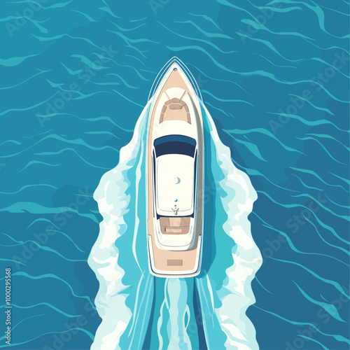 Minimalist Vector Illustration of a Yacht on the Ocean, Aerial View