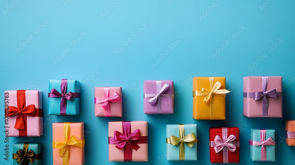 Obraz premium Row of neatly wrapped gift boxes in various sizes, each with a different colored ribbon