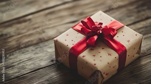 Close-up of a beautifully wrapped gift box with a red ribbon and bow on a wooden table photo