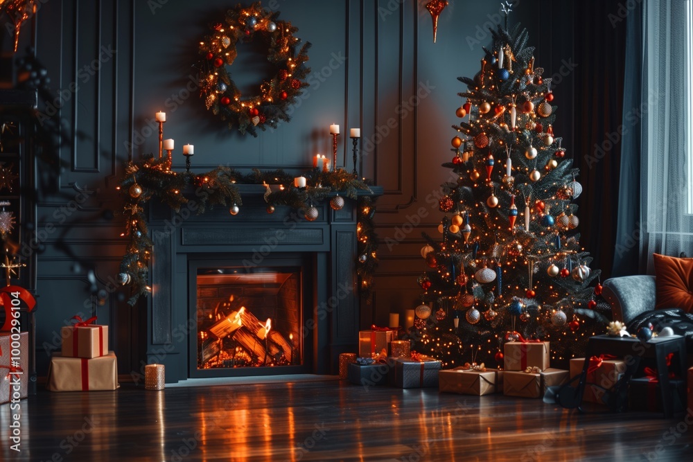 The house was decorated for the New Year. The tree was decorated, gifts were put out and the fireplace was lit The house was decorated for the New Year. The tree was decorated, gifts were put out and the fireplace was lit