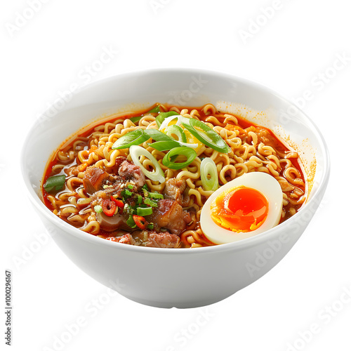 Delicious bowl of flavorful ramen with a soft-boiled egg, scallions, and meat on a clear background