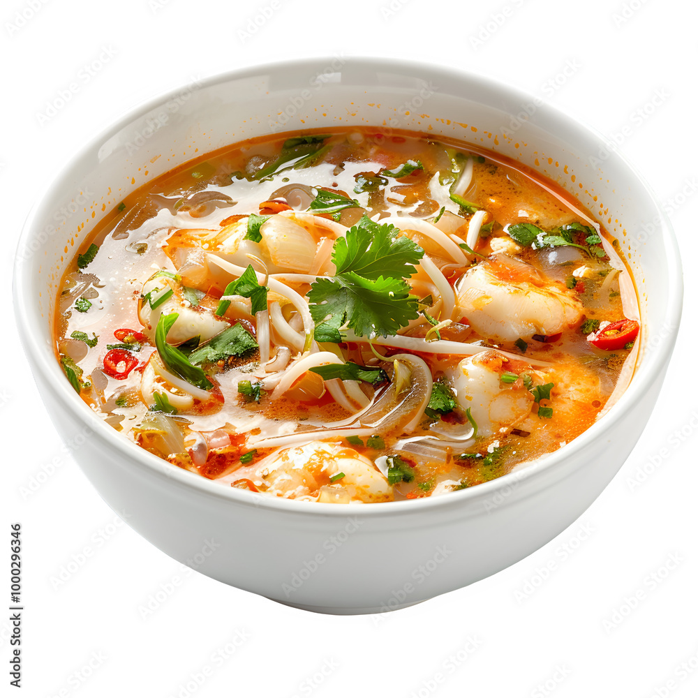 Bowl of flavorful seafood noodle soup topped with fragrant cilantro, featuring a mix of vibrant hues and tasty components, ideal for fans of asian food Bowl of flavorful seafood noodle soup topped with fragrant cilantro, featuring a mix of vibrant hues and tasty components, ideal for fans of asian food