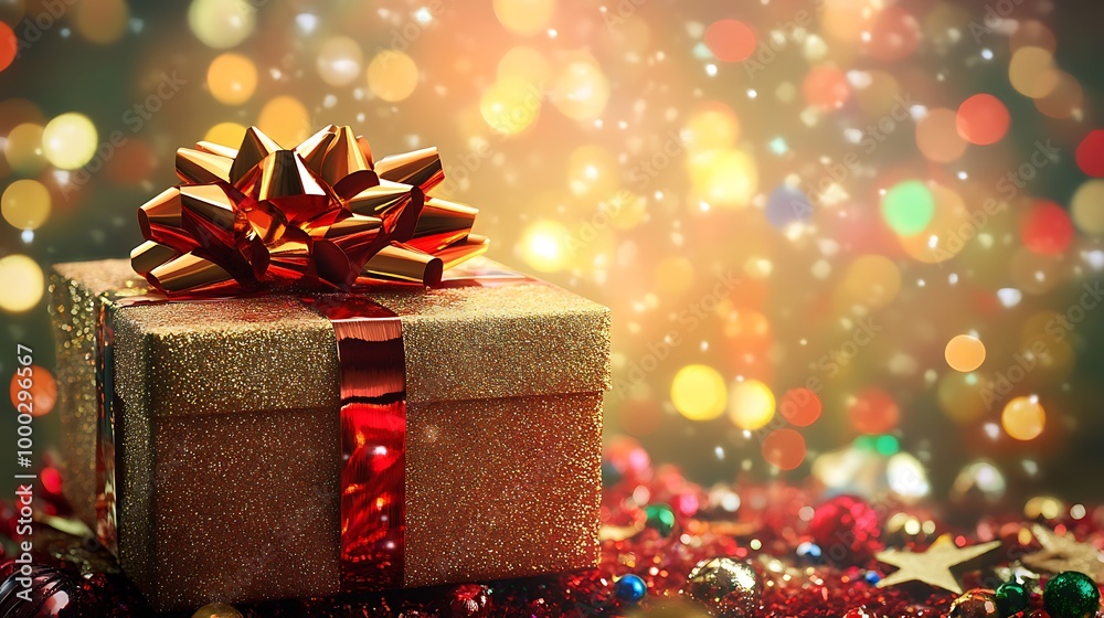 Large gift box wrapped in shiny paper with a bow placed in front of a festive background Large gift box wrapped in shiny paper with a bow placed in front of a festive background