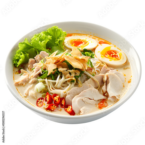 Delicious ramen noodles with juicy chicken, a soft-boiled egg, veggies, chili, and crispy garlic on top