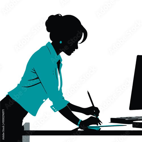 A woman focused on office work in a professional environment, PNG