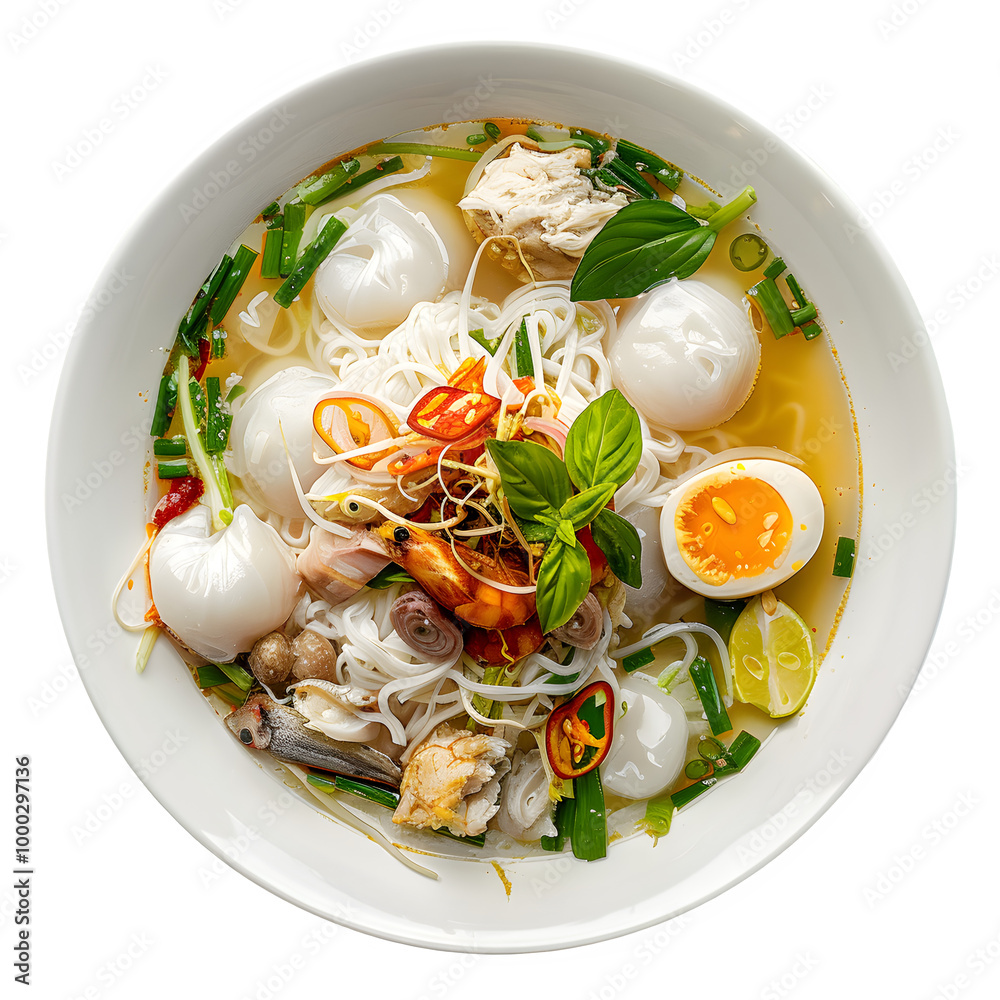 Steaming bowl of vietnamese pho soup with fresh herbs, chicken, egg, and noodles, offering a delightful and flavorful culinary experience Steaming bowl of vietnamese pho soup with fresh herbs, chicken, egg, and noodles, offering a delightful and flavorful culinary experience