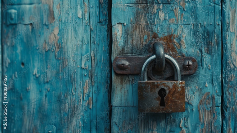 Close-up of Rusty Lock on Weathered Blue Door Close-up of Rusty Lock on Weathered Blue Door