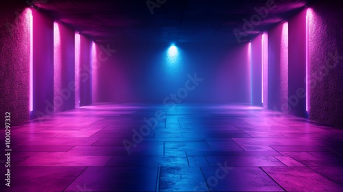 Empty room with blue and purple neon lights.