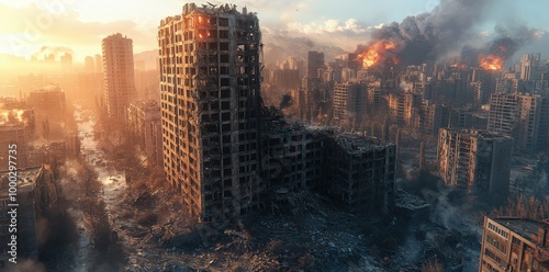 Brutalist building undergoing post-apocalyptic transformation in a damaged urban landscape during daylight