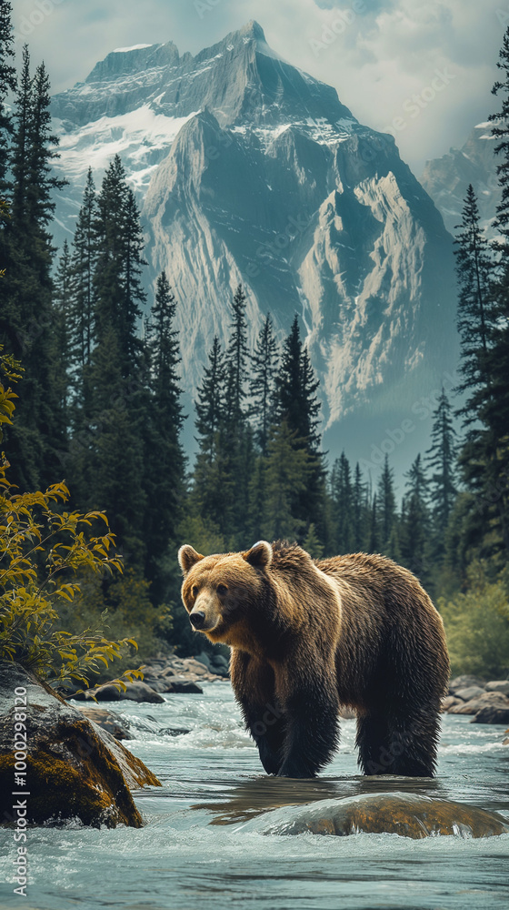 Brown bear in river with mountain and forest backdrop. Brown bear in river with mountain and forest backdrop.