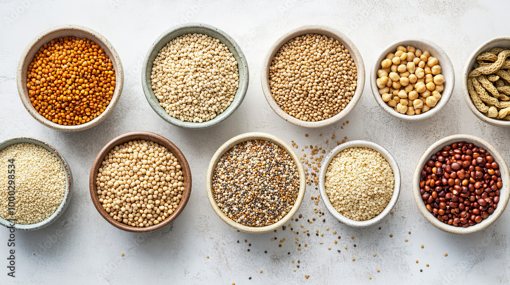 Top view of bowls filled with various healthy cereals, including bulgur, beans, quinoa, peas, couscous, and hemp seeds, alongside chickpeas and buckwheat, arranged on a light kitchen background.
Top view of bowls filled with various healthy cereals, including bulgur, beans, quinoa, peas, couscous, and hemp seeds, alongside chickpeas and buckwheat, arranged on a light kitchen background.