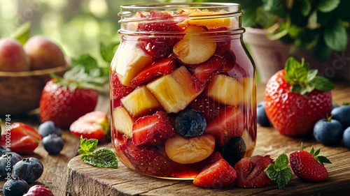 Wallpaper Mural A mason jar filled with fresh fruit salad sits on a wooden table, surrounded by strawberries, blueberries, and mint leaves Torontodigital.ca