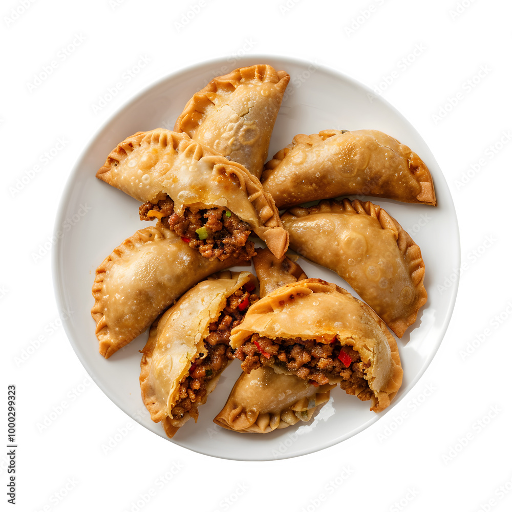 Plate of golden-brown empanadas stuffed with a flavorful meat filling, perfect for a tasty snack or appetizer Plate of golden-brown empanadas stuffed with a flavorful meat filling, perfect for a tasty snack or appetizer