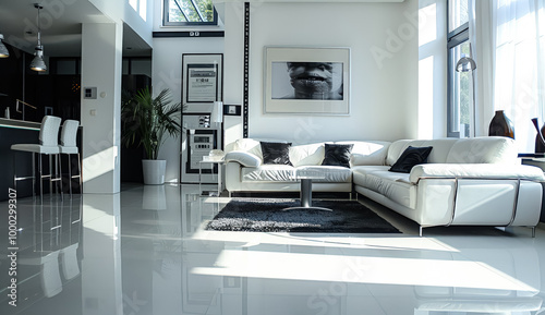 Large white living room with a black coffee table and a white couch. A potted plant is on the left side of the room. The room has a modern and minimalist design