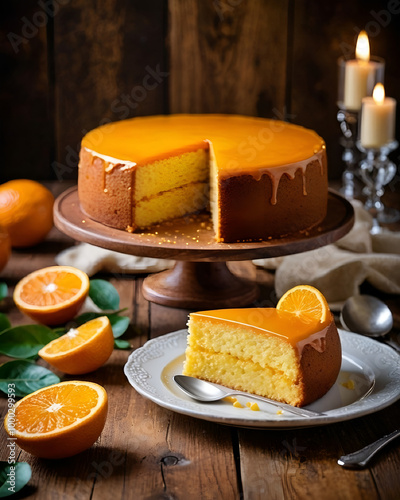 Tarta de naranja y bizcocho y una porción de ella en un plato photo