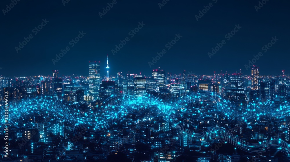 Fototapeta premium Smart city and big data connection technology concept with digital blue wavy wires with antennas on night megapolis city skyline background, double exposure
