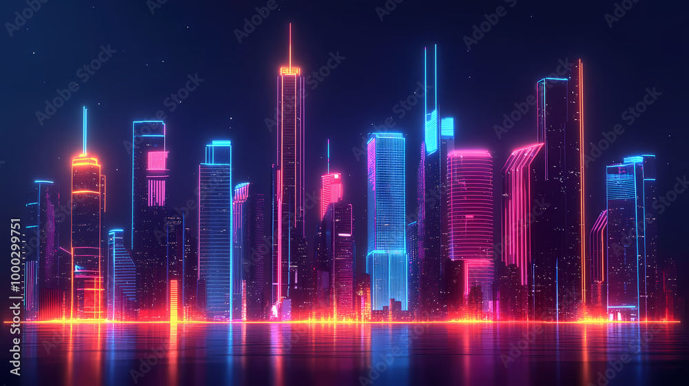 A futuristic city skyline at night with neon 3d glowing lights outlining each building, creating a vibrant and energetic atmosphere. Neon Skyline. Illustration A futuristic city skyline at night with neon 3d glowing lights outlining each building, creating a vibrant and energetic atmosphere. Neon Skyline. Illustration