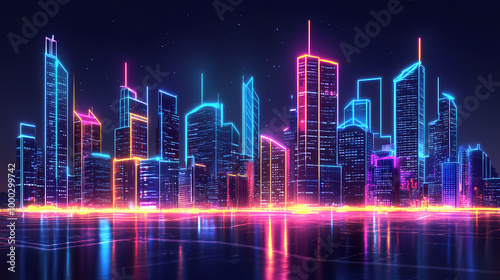 A futuristic city skyline at night with neon 3d glowing lights outlining each building, creating a vibrant and energetic atmosphere. Neon Skyline. Illustration