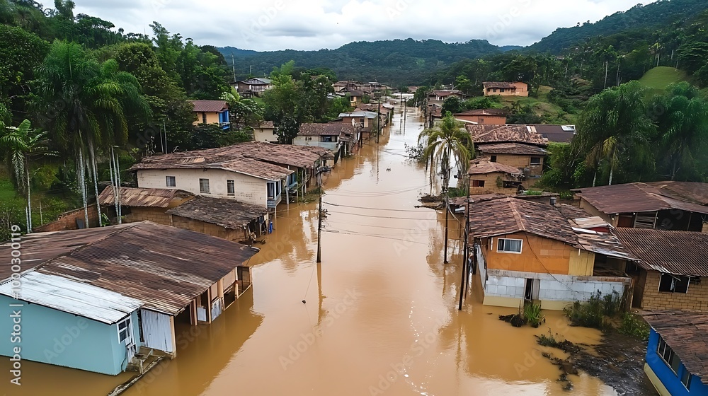 Naklejka premium Flooded houses with water reaching the rooftops after heavy rainfall and river overflow