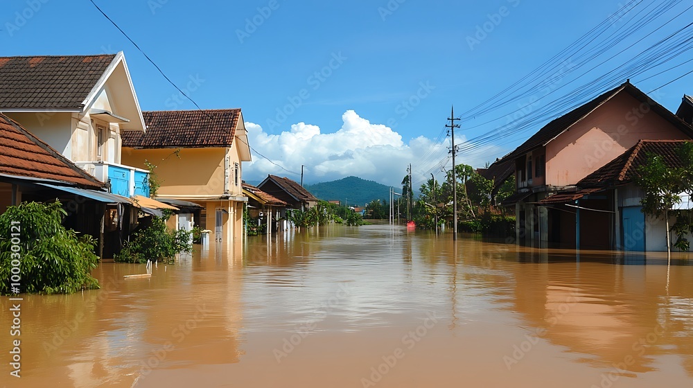 Flooded houses with water reaching the rooftops after heavy rainfall and river overflow Flooded houses with water reaching the rooftops after heavy rainfall and river overflow